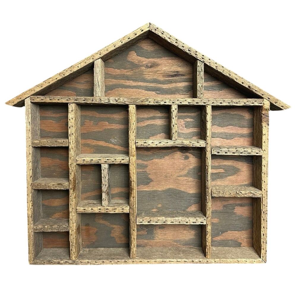 Vintage primitive wood trinket shelf house shape knick knacks display rustic 16”